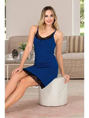 Lady Mavi İnce Askılı Viskon Kenarları Dantel Kadın Tunik Gecelik  Lady 5524