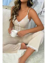 Merry See Askılı Dantel İşlemeli Şık Pijama Takımı Krem Merry See MS4025 Krem