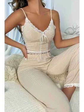 Merry See Askılı Dantel İşlemeli Şık Pijama Takımı Krem Merry See MS4025 Krem - Alternatif Görünüm
