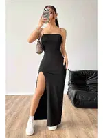 Askılı Şık Yırtmaçlı Uzun Elbise Siyah Merry See MS4427 Siyah Siyah