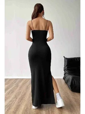 Merry See Askılı Şık Yırtmaçlı Uzun Elbise Siyah Merry See MS4427 Siyah - Alternatif Görünüm