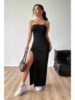 Askılı Şık Yırtmaçlı Uzun Elbise Siyah Merry See MS4427 Siyah Siyah farklı açı