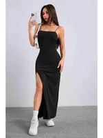 Askılı Şık Yırtmaçlı Uzun Elbise Siyah Merry See MS4427 Siyah Siyah görsel 4