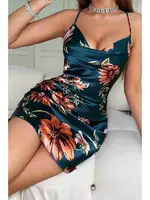 Baskılı Degaje Yakalı Saten Gecelik Elbise Merry See MS2393 Çok Renkli Çok Renkli