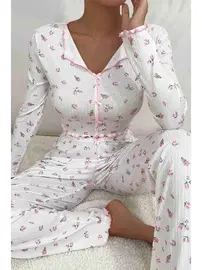 Merry See Baskılı Özel Kumaş Pijama Takımı Beyaz Merry See MS4006 Beyaz