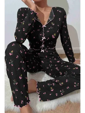 Merry See Baskılı Özel Kumaş Pijama Takımı Siyah Merry See MS4006 Siyah