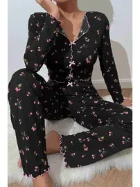 Merry See Baskılı Özel Kumaş Pijama Takımı Siyah Merry See MS4006 Siyah