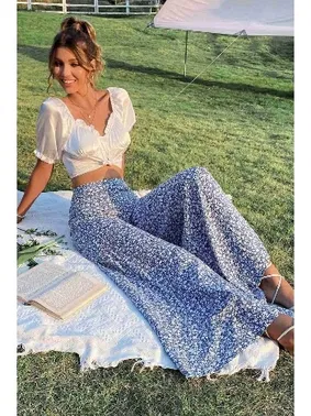 Merry See Çiçek Desenli İspanyol Paça Yüksek Bel Dokuma Pantolon Merry See MS2500 Mavi