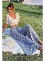 Çiçek Desenli İspanyol Paça Yüksek Bel Dokuma Pantolon Merry See MS2500 Mavi Mavi