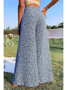 Merry See Çiçek Desenli İspanyol Paça Yüksek Bel Dokuma Pantolon Merry See MS2500 Mavi - Alternatif Görünüm