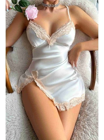 Dantel Büzgülü Yırtmaçlı Saten Gecelik Beyaz Merry See MS2390 Beyaz