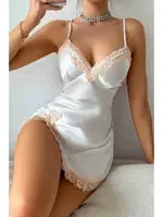 Dantel Büzgülü Yırtmaçlı Saten Gecelik Beyaz Merry See MS2390 Beyaz Beyaz detay görünüm