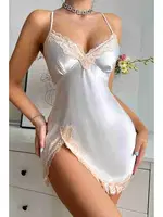 Dantel Büzgülü Yırtmaçlı Saten Gecelik Beyaz Merry See MS2390 Beyaz Beyaz farklı açı