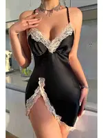 Dantel Büzgü Detaylı Yırtmaçlı Saten Gecelik Siyah Merry See MS2390 Siyah Siyah detay görünüm