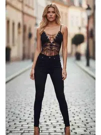 Merry See Merry See Dantel İşlemeli Siyah Şık Body Gecelik