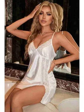 Merry See Dantelli Şık Yırtmaçlı Saten Gecelik Beyaz Merry See MS2374 Beyaz