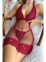 Dantelli Transparan Tangalı Gecelik Takım Kırmızı Merry See MS4015 Kırmızı Kırmızı