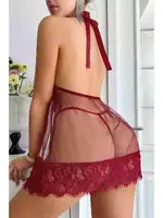 Dantelli Transparan Tangalı Gecelik Takım Kırmızı Merry See MS4015 Kırmızı Kırmızı detay görünüm