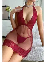 Dantelli Transparan Tangalı Gecelik Takım Kırmızı Merry See MS4015 Kırmızı Kırmızı farklı açı