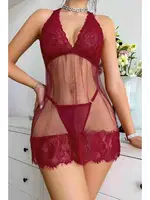 Dantelli Transparan Tangalı Gecelik Takım Kırmızı Merry See MS4015 Kırmızı Kırmızı görsel 4