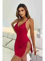 Dantelli Yanlardan Derin Yırtmaçlı Gecelik Kırmızı Merry See MS2394 Kırmızı Kırmızı