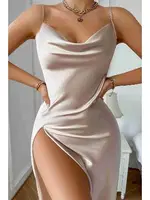 Degaje Yaka Yırtmaçlı Saten Gecelik Bej Merry See MS2389 Bej Bej görsel 4