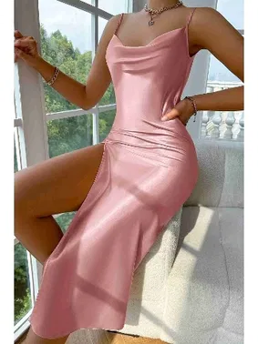 Merry See Degaje Yaka Yırtmaçlı Saten Gecelik Pembe Merry See MS2389 Pembe - Alternatif Görünüm