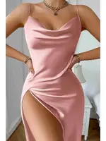 Degaje Yaka Yırtmaçlı Saten Gecelik Pembe Merry See MS2389 Pembe Pembe farklı açı