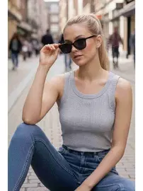 Merry See Düz Renk Kadın Kolsuz Bluz Crop Top Gri Merry See MS 3905 Gri