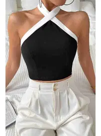 Merry See İnci Detaylı Boyundan Bağlamalı Crop Bluz Siyah Merry See MS3911 Siyah