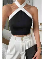 İnci Detaylı Boyundan Bağlamalı Crop Bluz Siyah Merry See MS3911 Siyah Siyah görsel 4