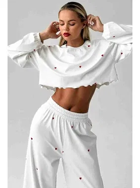 Merry See Kalp Baskılı Uzun Kollu İnce Kumaş Dökümlü Pijama Takımı Merry See MS2386 Beyaz