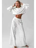 Kalp Baskılı Uzun Kollu İnce Kumaş Dökümlü Pijama Takımı Merry See MS2386 Beyaz Beyaz detay görünüm