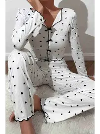 Merry See Kalp Baskılı Uzun Kollu Pijama Takımı Beyaz Merry See MS4425 Beyaz