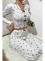 Kalp Baskılı Uzun Kollu Pijama Takımı Beyaz Merry See MS4425 Beyaz Beyaz detay görünüm