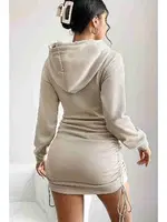 Kapşonlu Yandan Büzgülü Ayarlı Baskılı Uzun Oversize Sweatshirt Elbise Merry See MS3803 Bej Bej farklı açı