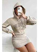 Kapşonlu Yandan Büzgülü Ayarlı Baskılı Uzun Oversize Sweatshirt Elbise Merry See MS3803 Bej Bej görsel 4