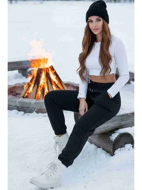 Merry See Lastik Paça Yüksek Bel İçi Şardonlu Özel Kumaş Eşofman Altı Jogger Merry See MS4000 Siyah