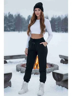 Merry See Lastik Paça Yüksek Bel İçi Şardonlu Özel Kumaş Eşofman Altı Jogger Merry See MS4000 Siyah - Alternatif Görünüm