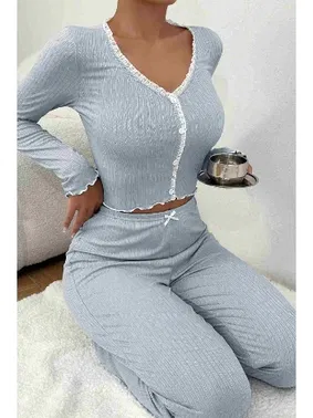 Merry See Önden Düğmeli Uzun Kollu Şık Pijama Takımı Mavi Merry See MS4420 Mavi