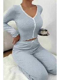 Merry See Önden Düğmeli Uzun Kollu Şık Pijama Takımı Mavi Merry See MS4420 Mavi