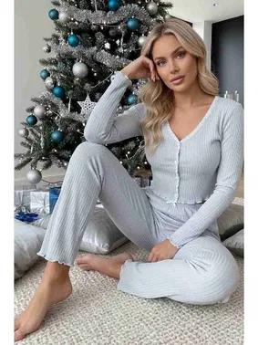 Merry See Önden Düğmeli Uzun Kollu Şık Pijama Takımı Mavi Merry See MS4420 Mavi - Alternatif Görünüm