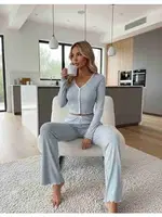 Önden Düğmeli Uzun Kollu Şık Pijama Takımı Mavi Merry See MS4420 Mavi Mavi farklı açı