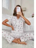 Güpür Dantelli Kiraz Baskılı Kısa Kollu Pijama Takımı Merry See MS2395 Beyaz Beyaz