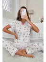 Güpür Dantelli Kiraz Baskılı Kısa Kollu Pijama Takımı Merry See MS2395 Beyaz