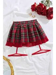 Merry See Pileli Dantelli Ekose Arkadan Bağlamalı Etek Jartiyer Merry See MS8396 Çok Renkli