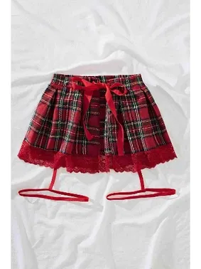 Merry See Pileli Dantelli Ekose Arkadan Bağlamalı Etek Jartiyer Merry See MS8396 Çok Renkli - Alternatif Görünüm