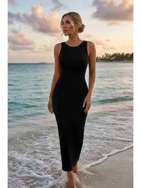 Merry See Sırt Dekolteli Vücuda Oturan Diz Altı Örme Elbise Siyah Merry See MS2947