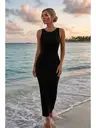 Sırt Dekolteli Vücuda Oturan Diz Altı Örme Elbise Siyah Merry See MS2947