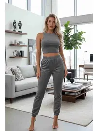 Merry See Merry See Tek Renk 1 Takım Kolsuz Polarlı Alt Üst Pijama Takımı MS 40819 Gri